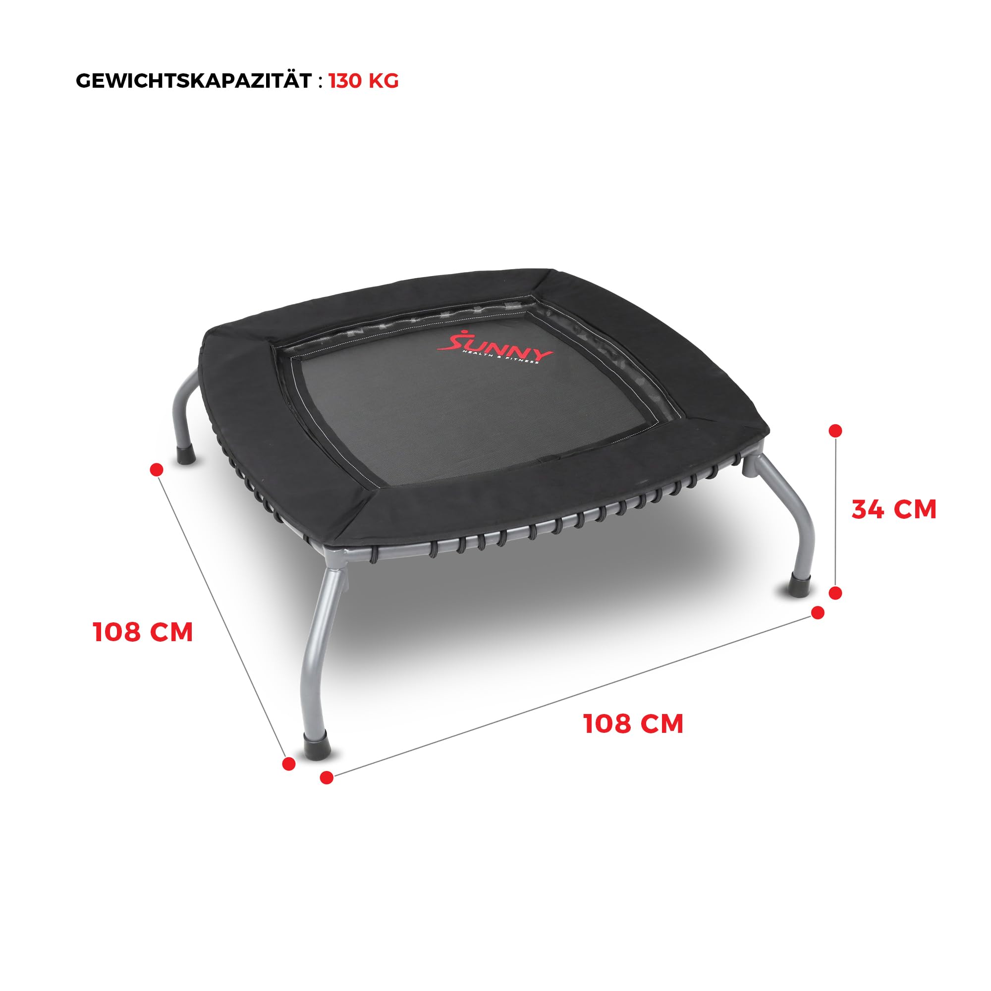Sunny Eckiges Fitness-Trampolin mit Bungee-Federung, 91/102 cm | Trampolin ohne Metallfedern, Einzeln verstellbare Bungee-Seile, Gummifüße, 3 cm Stahlrahmen