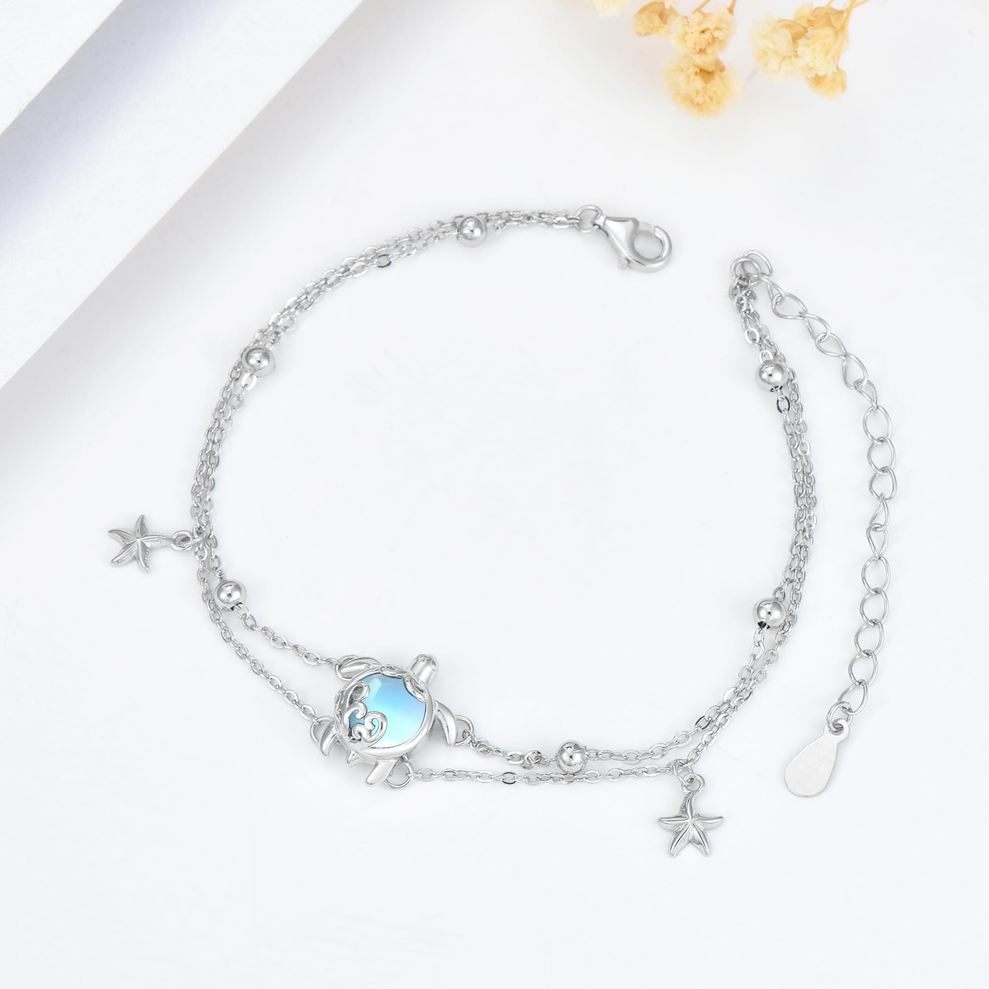 Pulsera de tortuga de plata de ley 925, pulsera de tortuga marina, piedra lunar, joyería para mujer, regalos oceánicos