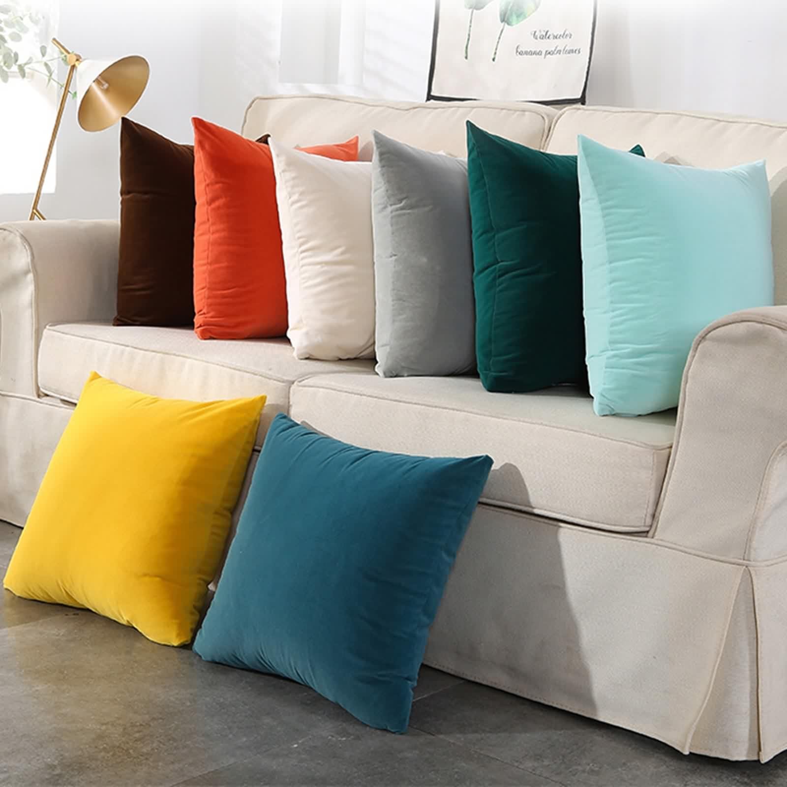 Kissen Bezüge, Sofakissen 50X50 cm Bezüge Einfarbiger Doppelseitiger Samt Polyester Hellblaugrün 4 Stück für Bett Wohnzimmer