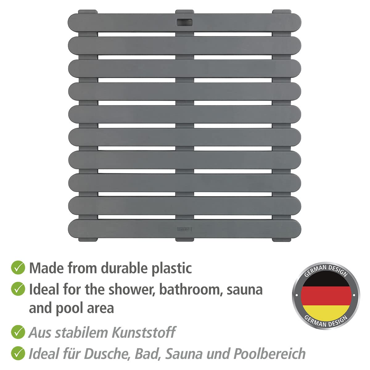 Wenko Pedana doccia Indoor & Outdoor - Tappetino fuori doccia, pedana per doccia, bagno, piscina, sauna con struttura antisdrucciolo, Plastica, 55 x 3 x 55 cm, Grigio