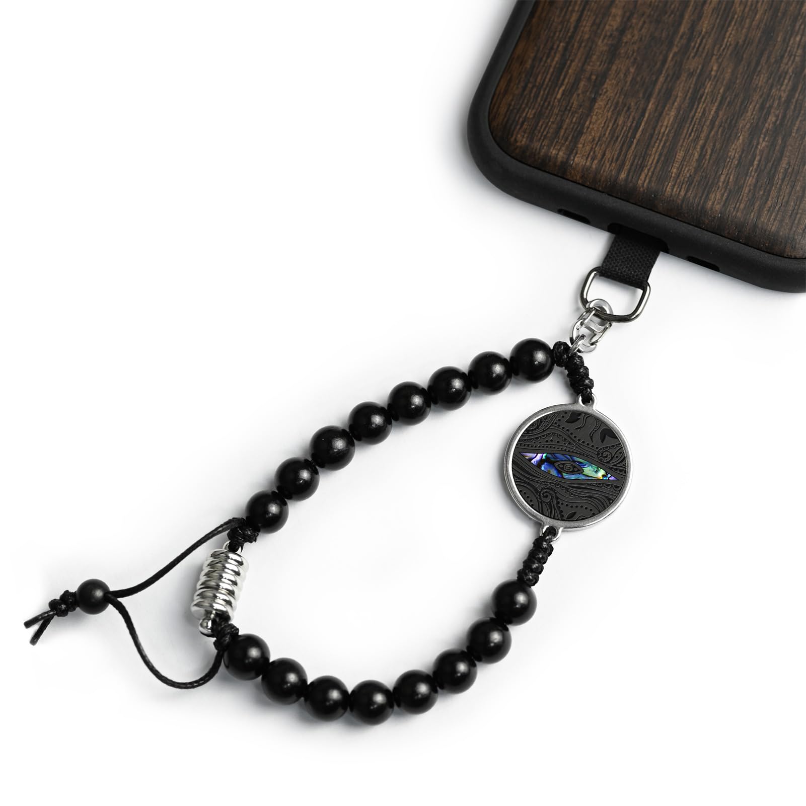 Carveit Wood Phone Lanyard, Onyx -Round [BKZU04] Tree of Life-Onyx 9.5" (Fits 8.0"-8.7" Wrist)