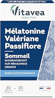 VITAVEA BIEN-ETRE - Mélatonine Valériane Passiflore - Complément Alimentaire Sommeil Adulte - Endormissement Rapide, Nuit Réparatrice - Sans accoutumance - 30 gélules - Cure de 1 mois