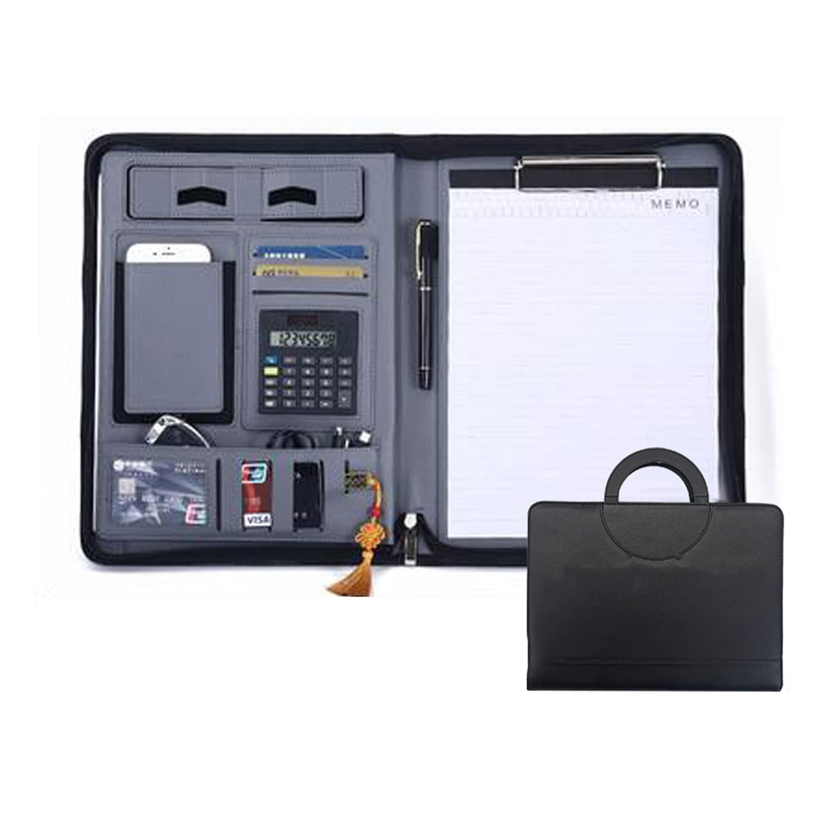 Portfolio biznesowe A4 Padfolio wielofunkcyjny segregator na zamek skórzany notatnik profesjonalny teczka na dokumenty konferencja planer dokumentów osobisty organizer dla mężczyzn kobiet (kolor: czarny, rozmiar: z kalkulą