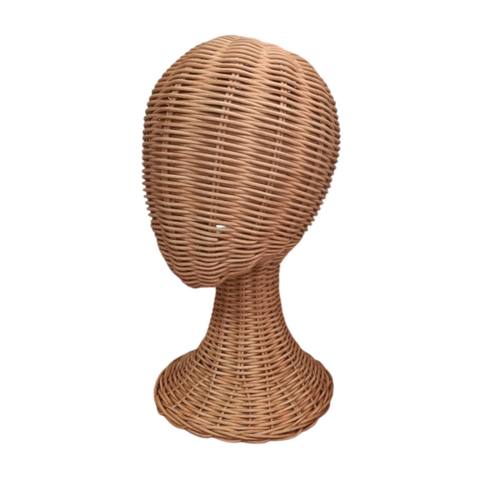 harayaa Tête de Présentation en Rotin avec Base Antiretournement, Présentoir à Chapeaux Multifonctionnel, Support pour Perruques Tressé Main, Base Stable, pour Vitrine, Magasin et Décoration Maison