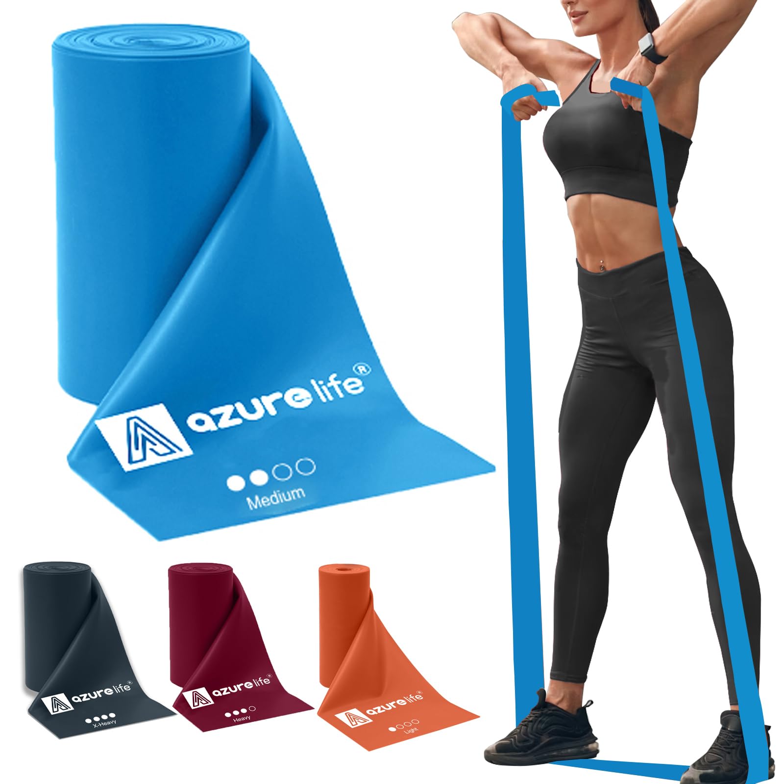 A AZURELIFE Bandas de resistencia a granel profesionales de 8 yardas o bandas elásticas de ejercicio sin látex de 5,6 m de largo, bandas elásticas para ejercicio, yoga, pilates, rehabilitación, en