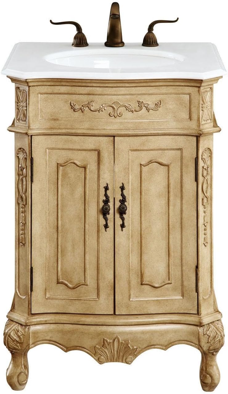24 Single Bathroom Vanity, with Engineered Marble Top Soft-Close, Antique Beige