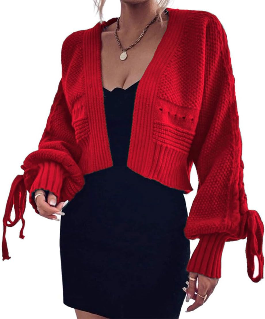 CHARTOU Cropped Cardigan Sweaters for Women Bow Sleeve Open Front Shrugs Sweater Tops