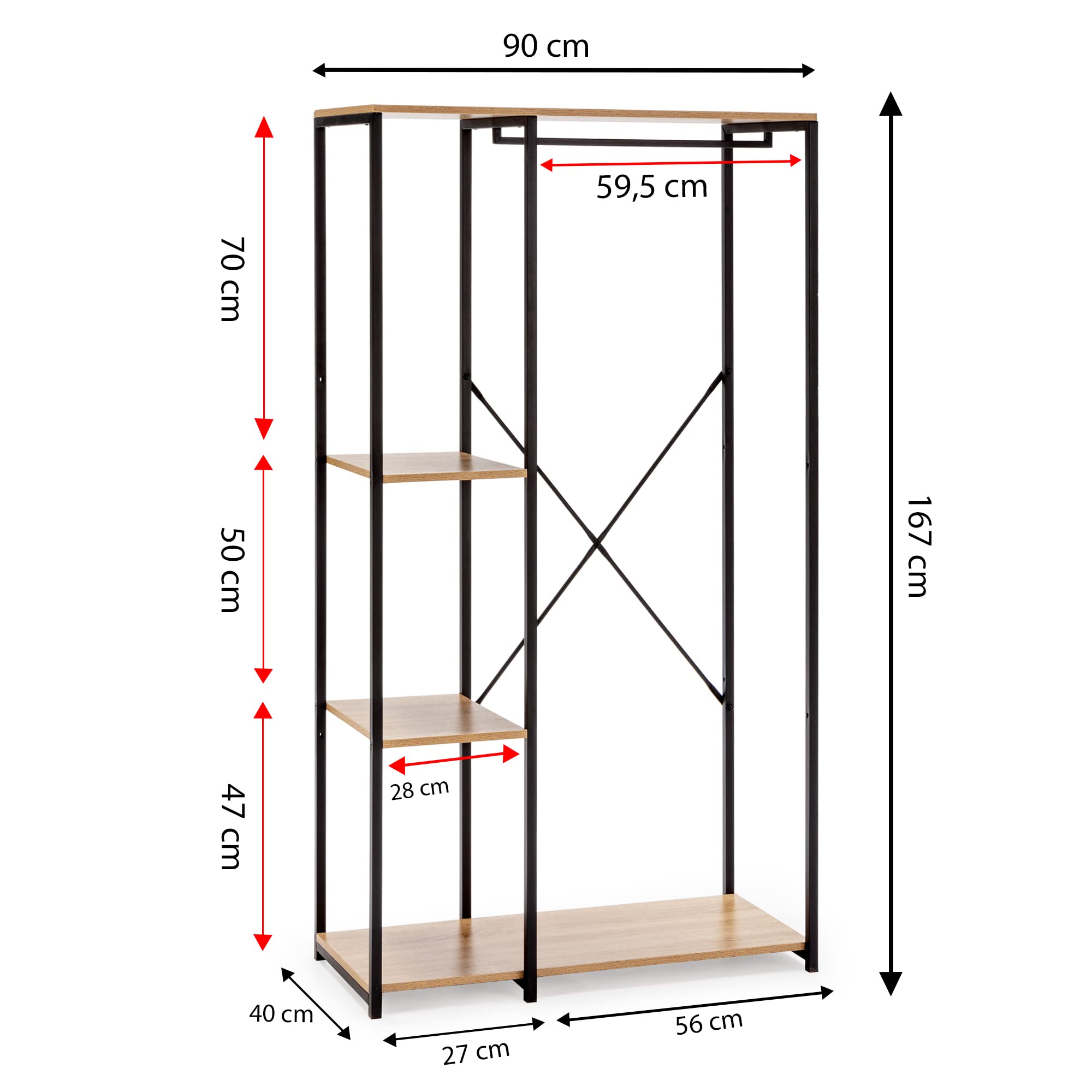 HOMN LIVING Perchero con Zapatero Lola con Banco 3 estantes, Color Roble/Negro, 90 cm (Ancho) 40,5 cm (Profundo) 167 cm (Altura)