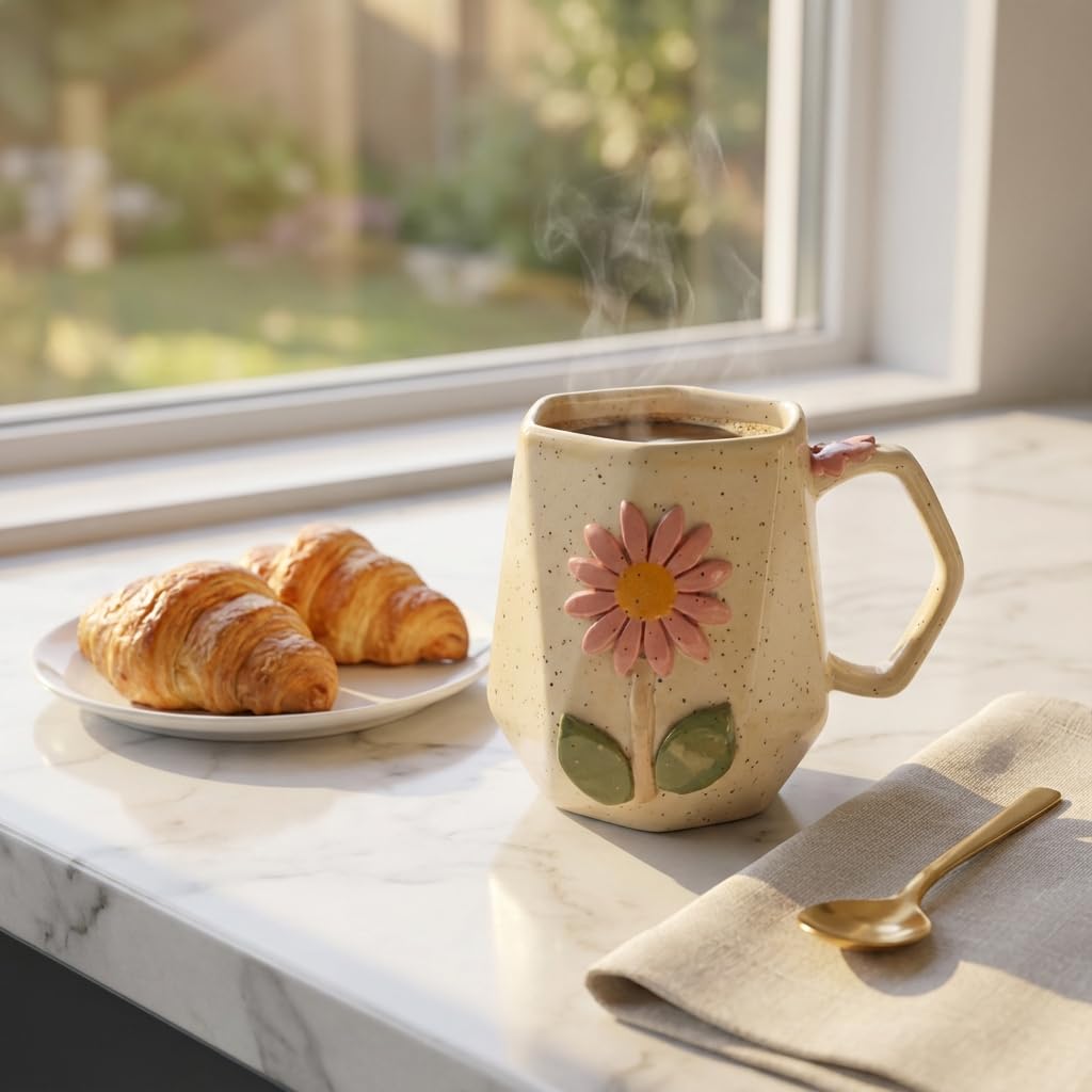 Handmade Ceramic Mug 3D Daisy Flower Design Coffee Tea Cup 240 ml Gift for Coffee Lovers Kitchen Decor (Pink/Light Blue/Yellow/Grey) (Creamish Yellow/Off-White)-image-41