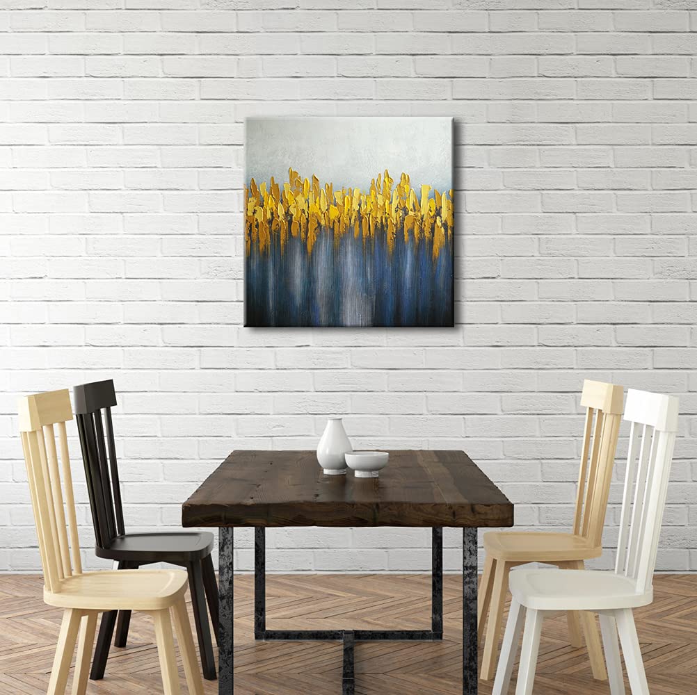 Wieco Art Handgemaltes Ölgemälde – Abstrakt In Grau, Gelb, Blau, 61x61 Cm, Mit Silbernem Schwebe-Rahmen