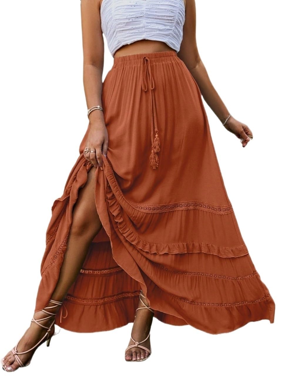 Faldas largas de mujer Solid Color Ruffle Trim Tie Waist Long Skirt Ruffle Hem falda del club