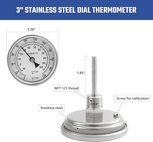 Miniatura 5 de NPT - Termómetro de esfera de cerveza de 12, termómetro de acero inoxidable para hervidor de cerveza casera, termómetro de olla sin soldadura,