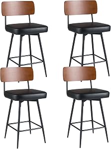 COSTWAY 27" Padded Counter Barstools Set of 4, 360° Swiveling Counter Height Chairs with Wooden Backrest & Metal Legs, Upholstered High Top Seats with Footrest for Kitchen Island (4,Black)