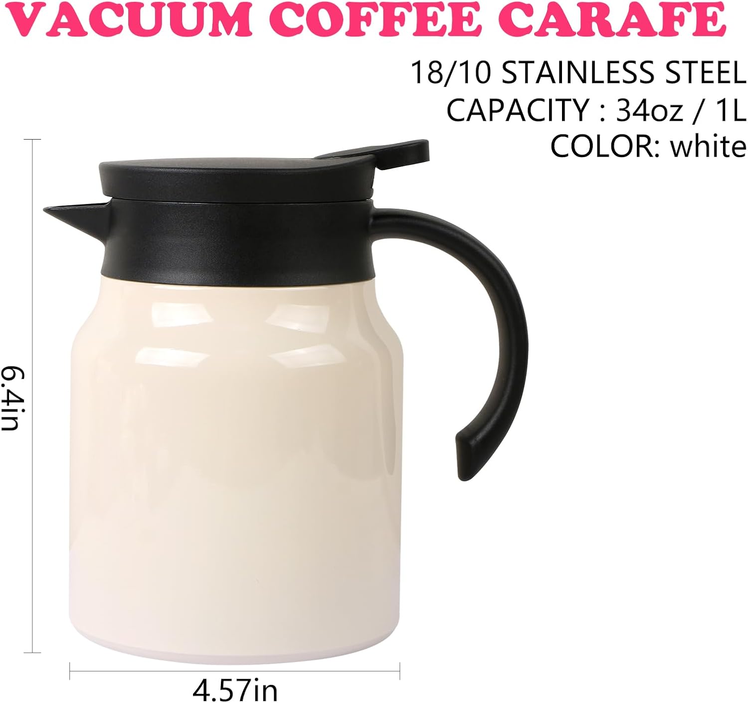 CABAX 34oz Small Thermal Coffee Carafe Tea Pot Stainless Steel, Double Wall Vacuum Insulated, 12+ Hours Hot & Cold Retention for Coffee Tea Beverage, 1L Capacity, White - Image 2