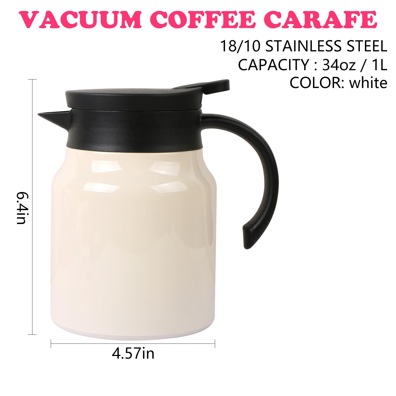 CABAX Jarra térmica pequeña de acero inoxidable de 34 onzas, aislamiento al vacío de doble pared, más de 12 horas de retención de calor y frío para café, té, bebidas, capacidad de 1 litro, color