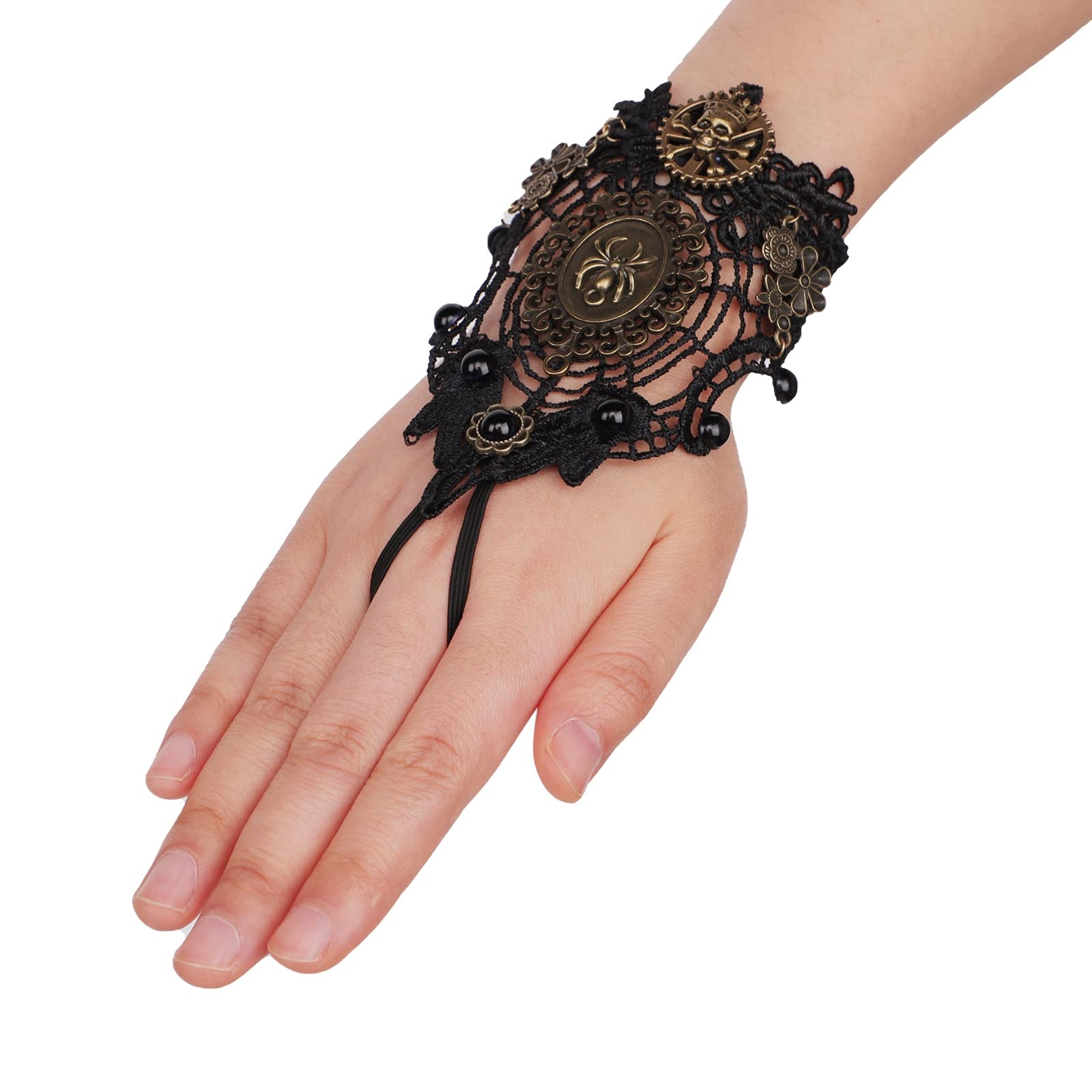 XGOPTS Vintage Beaded Lace Fingerless Gloves Women Gothic Floral Lace Punk Wristband Ring Set Bridal Wedding Party Costume