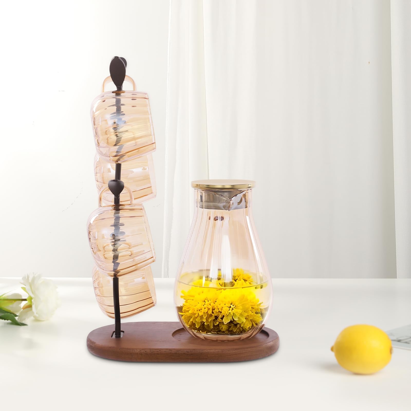 Jarra de cristal con tapa y caño para agua fría y caliente, juego de botellas de agua fría con 4 tazas y 1 estante para decoración de salón, latas de té helado/leche/café