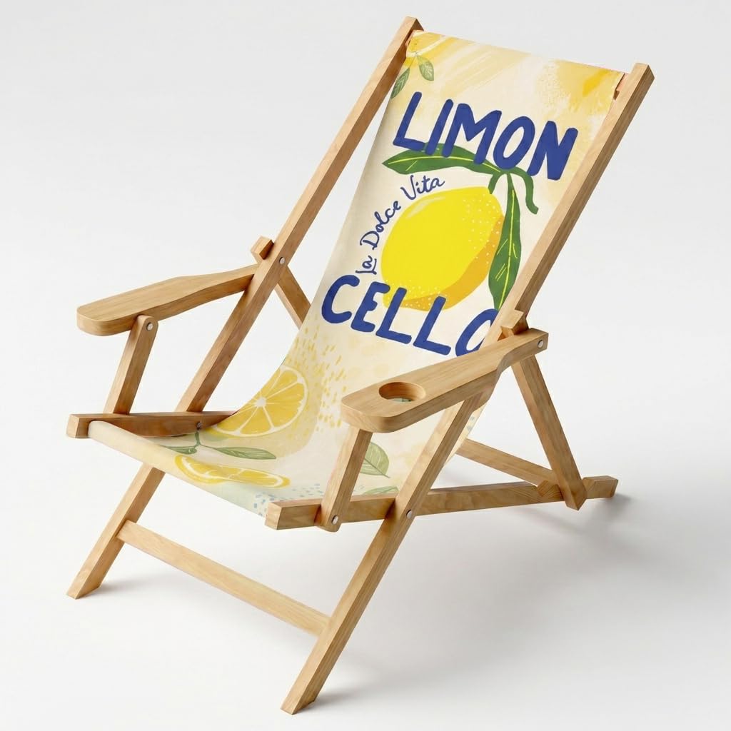 Ferocity Chaise Longue Pliante en Bois Transat de Jardin avec Accoudoir et Porte-gobelet Chilienne Personnalisable pour Terrasse Plage Camping Idée Cadeau Motif Citrons Limoncello Dolce Vita