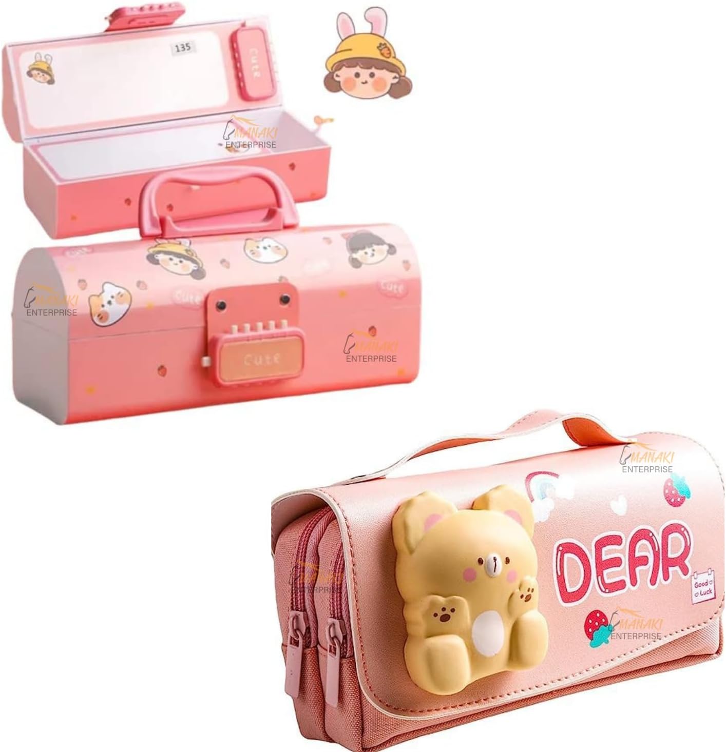 Pencil case Style Password Lock Multi-Layer Pencil Box & 3D EVA Pencil Case Pouch for Boys Girls(Cute Pink P.Box+Dear Pouch)