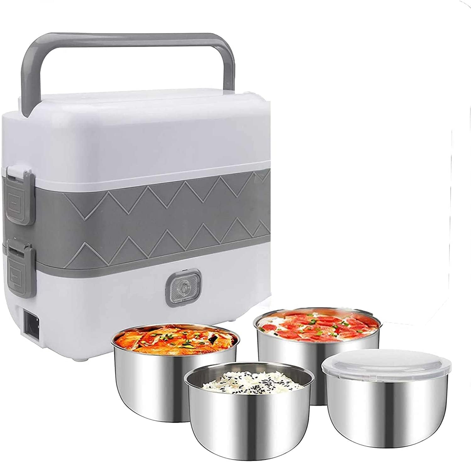 Portable Self Cooking Electric Lunch Box 4 In 2 Layers Stainless Steel Steamer Lunch Box Mini Rice Cooker for Home Office School Travel Jobsite Picnics Outdoor Kitchen Meal Food