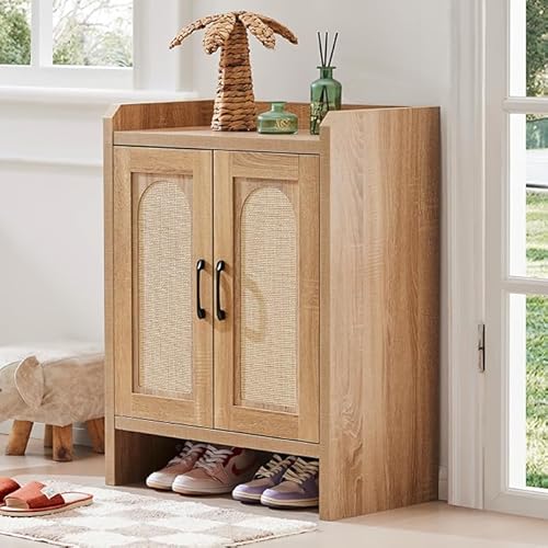 Mericonia Shoe Cabinet Storage for Entryway, Natural Rattan Shoe Storage Cabinet, Wooden Shoe Rack Cabinet, Farmhouse Boho Wood Shoe Organizer Cabinet for Hallway