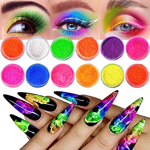 Neon Pigment Powder - 12 Fluorescent Rainbow Colors 3D Nail Art Halloween Makeup
