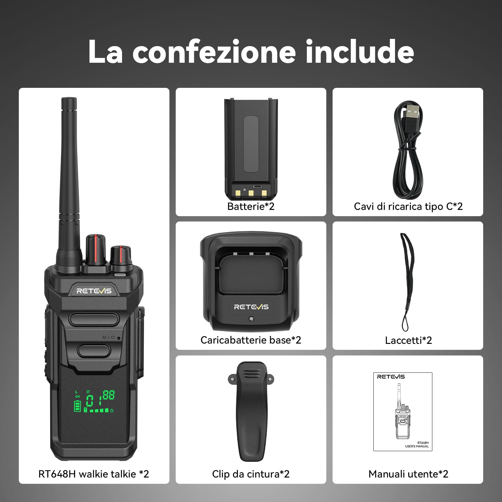 Retevis RT648H Walkie Talkie senza Licenza, IP67 Wolky Toki 3 Protezioni, Display Integrato, Ricarica USB, 1500 mAh, Radio Bidirezionale a Lungo Raggio per Logistica, Magazzini (Confezione da 2)