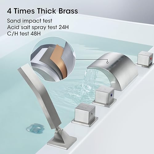 Miniatura 4 de Hanallx Grifo romano para bañera de hidromasaje, grifo de bañera de níquel cepillado, grifos de baño de latón con ducha de mano