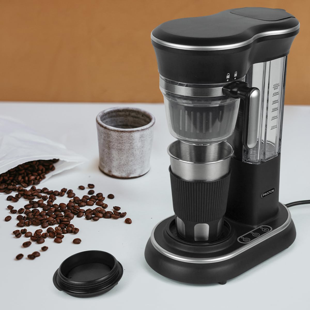 PRIXTON Cafetera Capri con molinillo, Sistema por goteo, Vaso de acero inoxidable con tapa, 600 W (Reacondicionado)