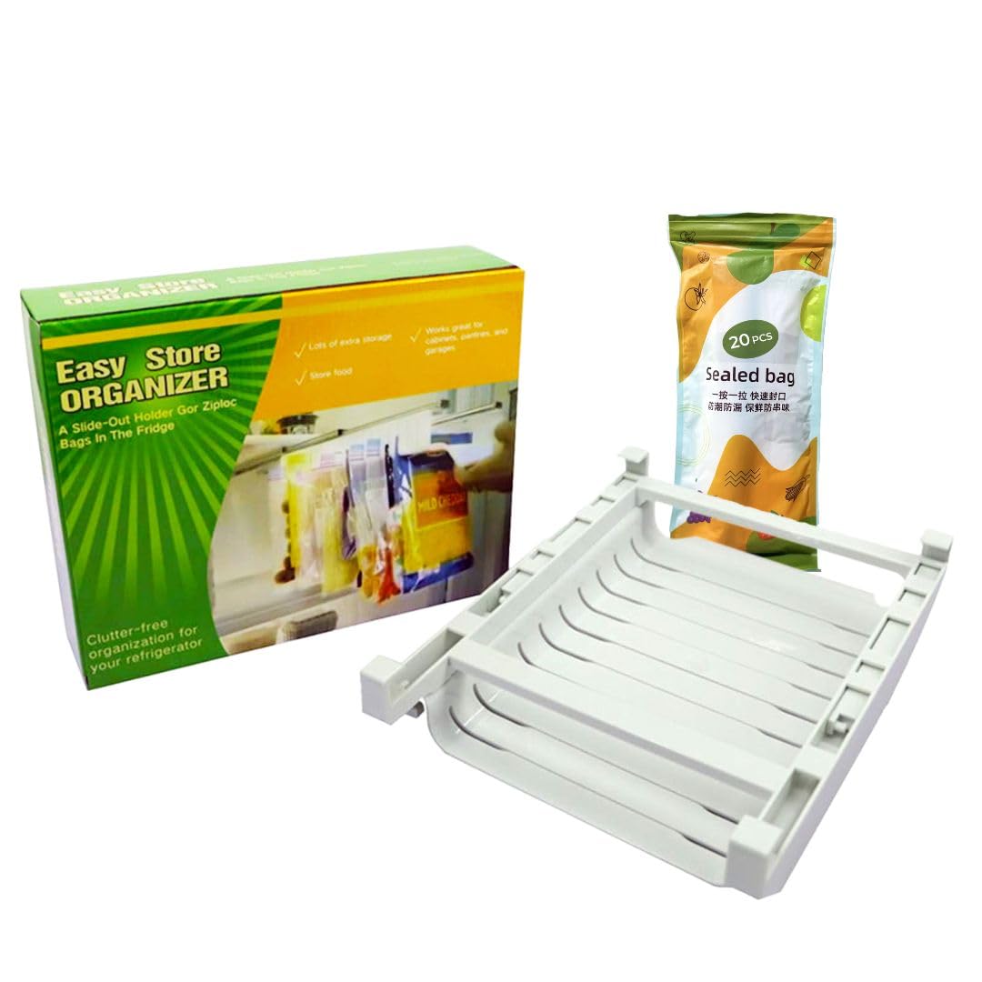 MONAMORE Durable ABS Refrigerator Track Storage Rack - Fridge Organizer with Retractable Drawer, Robust Slider & 20 Ziplock Bags (20x18cm) - Space-Saving Design for Food Freshness