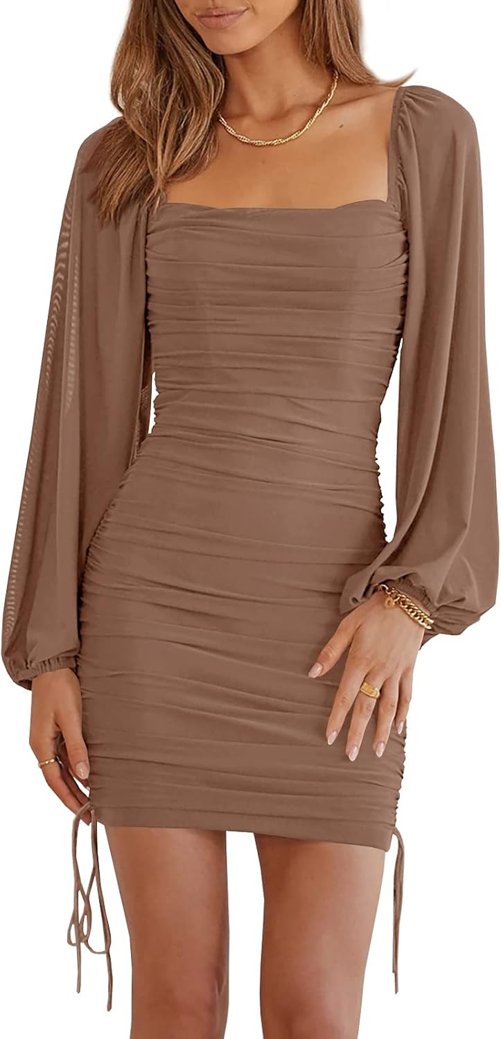 Imysty Womens Mesh Long Sleeve Square Neck Bodycon Ruched Party Cocktail Drawstring Mini Dress