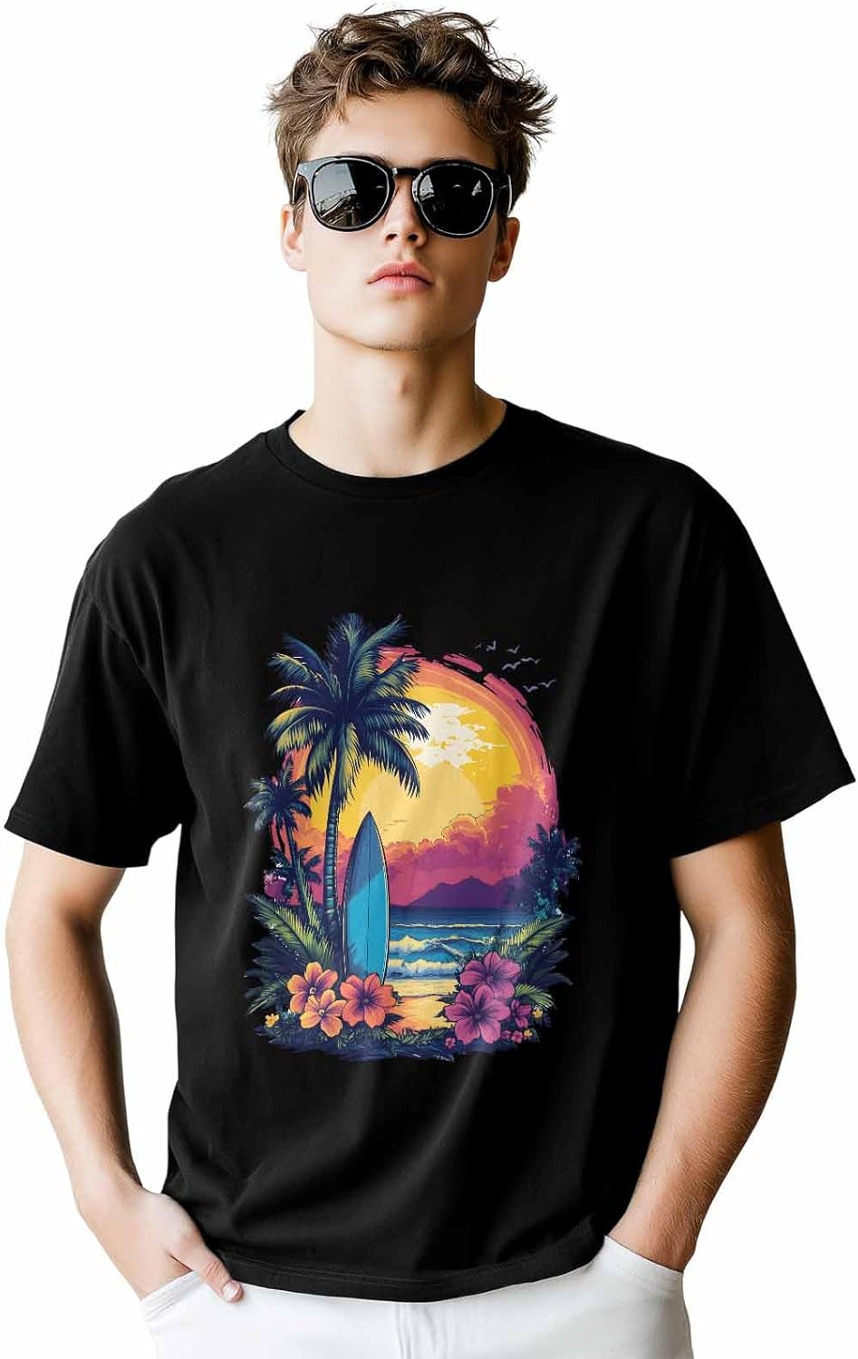 Men's T-Shirt Beach Coconut Tree Graphic Tees Cotton Short-Sleeve Casual Tops Flower Ocean