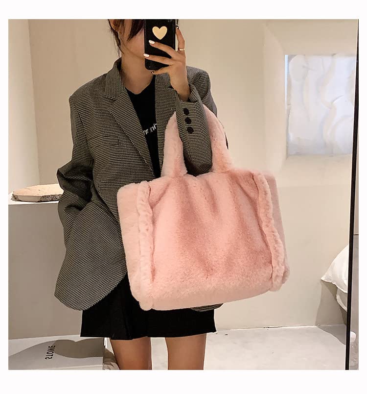Image of Tote Bag large Shoulder Bag Fleece Faux Fur Hobo Tote Bag Handbag Retro Bag Solid Color Big Purse