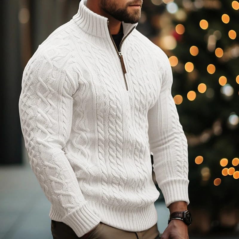 Men's Winter Cable Zipper Turtleneck Jacquard Pullover Sweater, Quarter Zip Cable Knit Sweater, Fashionable and Slim fit3