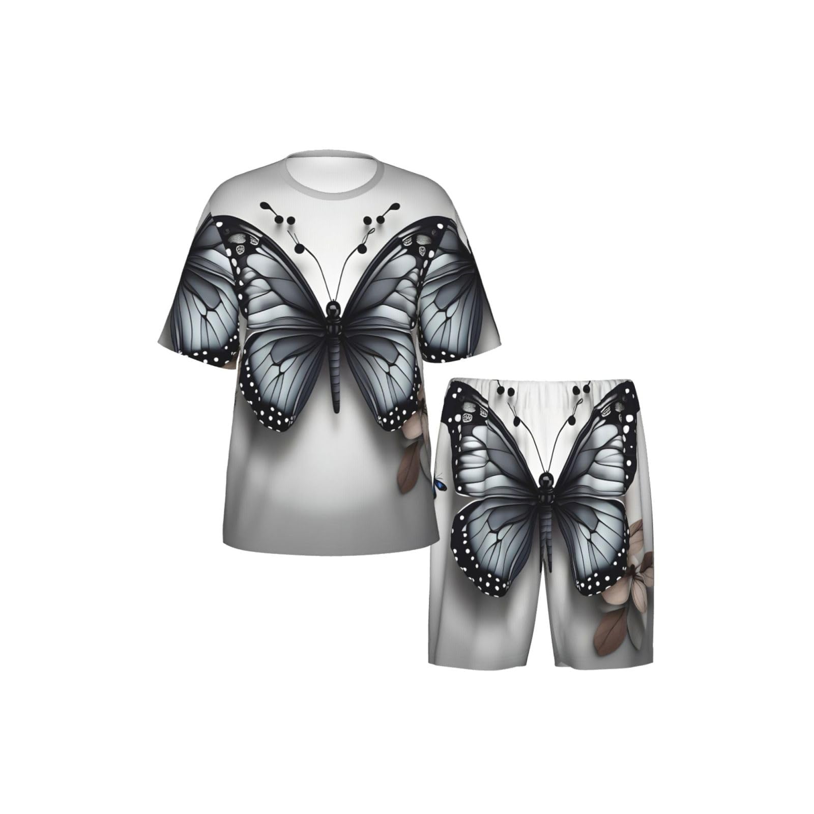 Conjunto de pijama clásico para hombre con estampado de mariposas y flores grises, pantalones cortos de pijama suaves para hombre, perfecto para las noches de verano