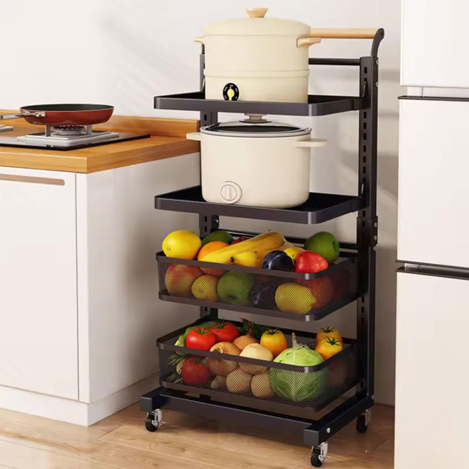 Soporte extensible para sartenes de cocina, protectores de almacenamiento de sartenes, soportes de tapa de esquina para ollas y sartenes, color negro, juego de 3 tablas y 1 cesta