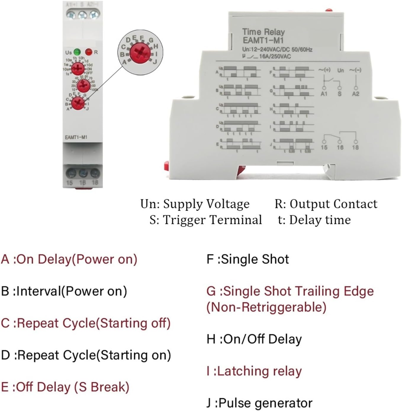 Front panel controls and function definitions for BAISULI EAMT1-M1 time delay relay
