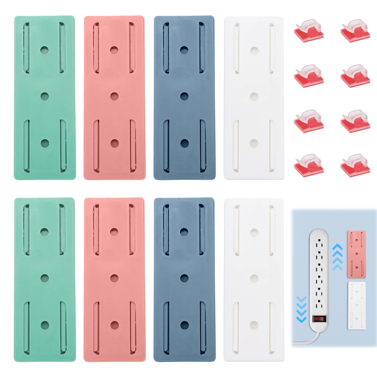 ZYNERY 8 Pcs Adhesive Punch Free Socket Holder+8 Pcs Cable Clips Clear, Self-Adhesive Punch-Free Power Strip Holder for Home Office