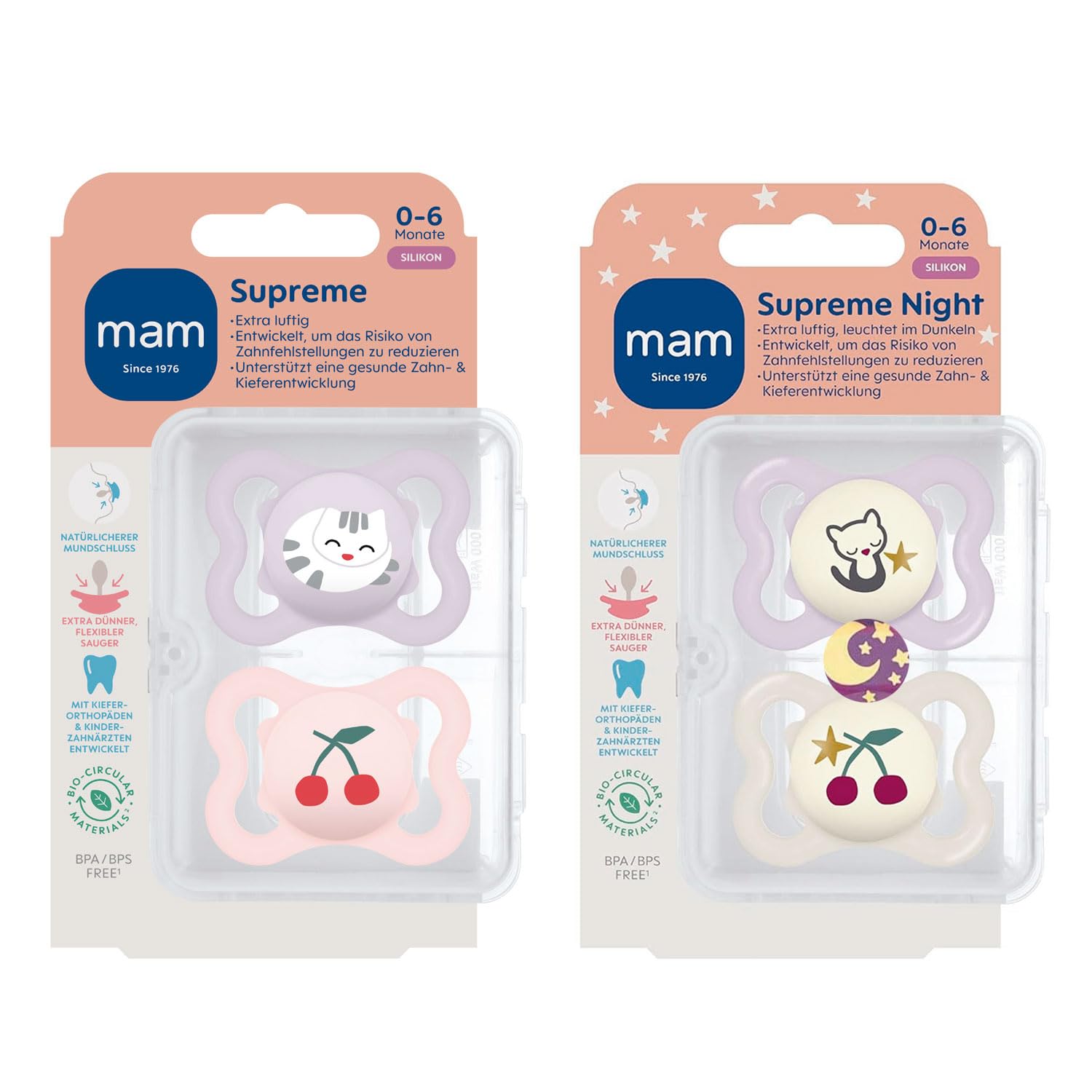 MAM Skin Soft siliconen fopspeen 6-16 Mo, set van 2, incl. steriliserende transportbox & NIP fopspeenband