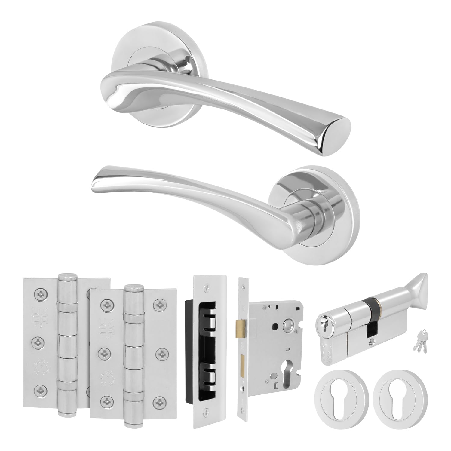 Eai Polished Chrome Door Handle Euro Lock And Thumbturn Cylinder Set, Internal Door Handle With Locks And Hinges - 1 Pack Novoli Range