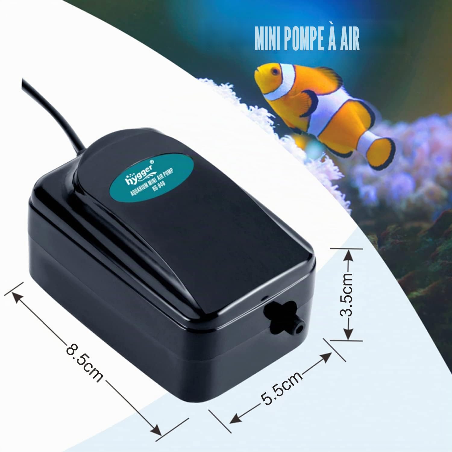 hygger Pompe à Air Aquarium, Mini Pompe à Air Aquarium Très Silencieuse Réglable Pompe à Oxygène pour Bol de Poisson de 1 à 75 litres avec Tuyau d'air, Pierre à Gazéifier Et Valve Anti Retour (1 W)