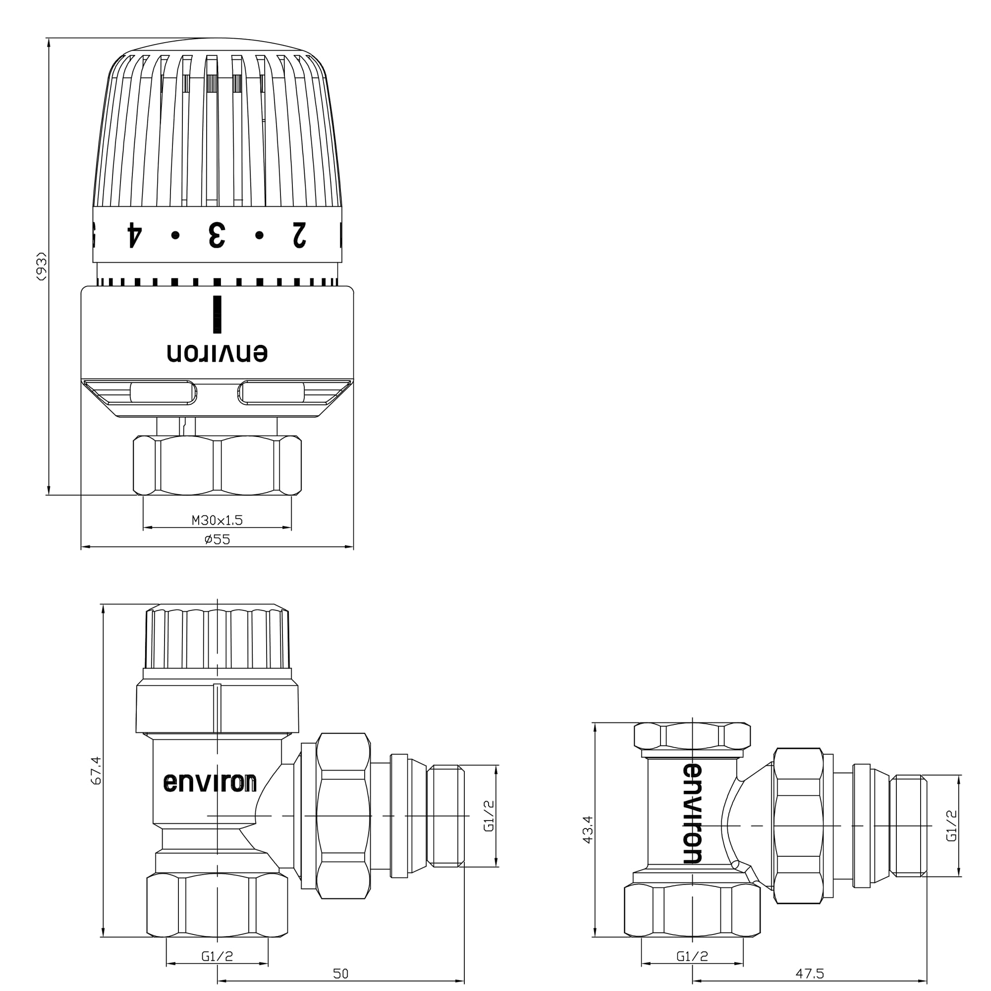 ENVIRON - Thermostatventil & Rücklaufventil | 1/2" Eckform | mit Flüssig-Fühler und Nullstellung | mit Frostschutzfunktion | Thermostatkopf M30 x 1,5 + Heizkörperventil + Rücklaufventil (2)