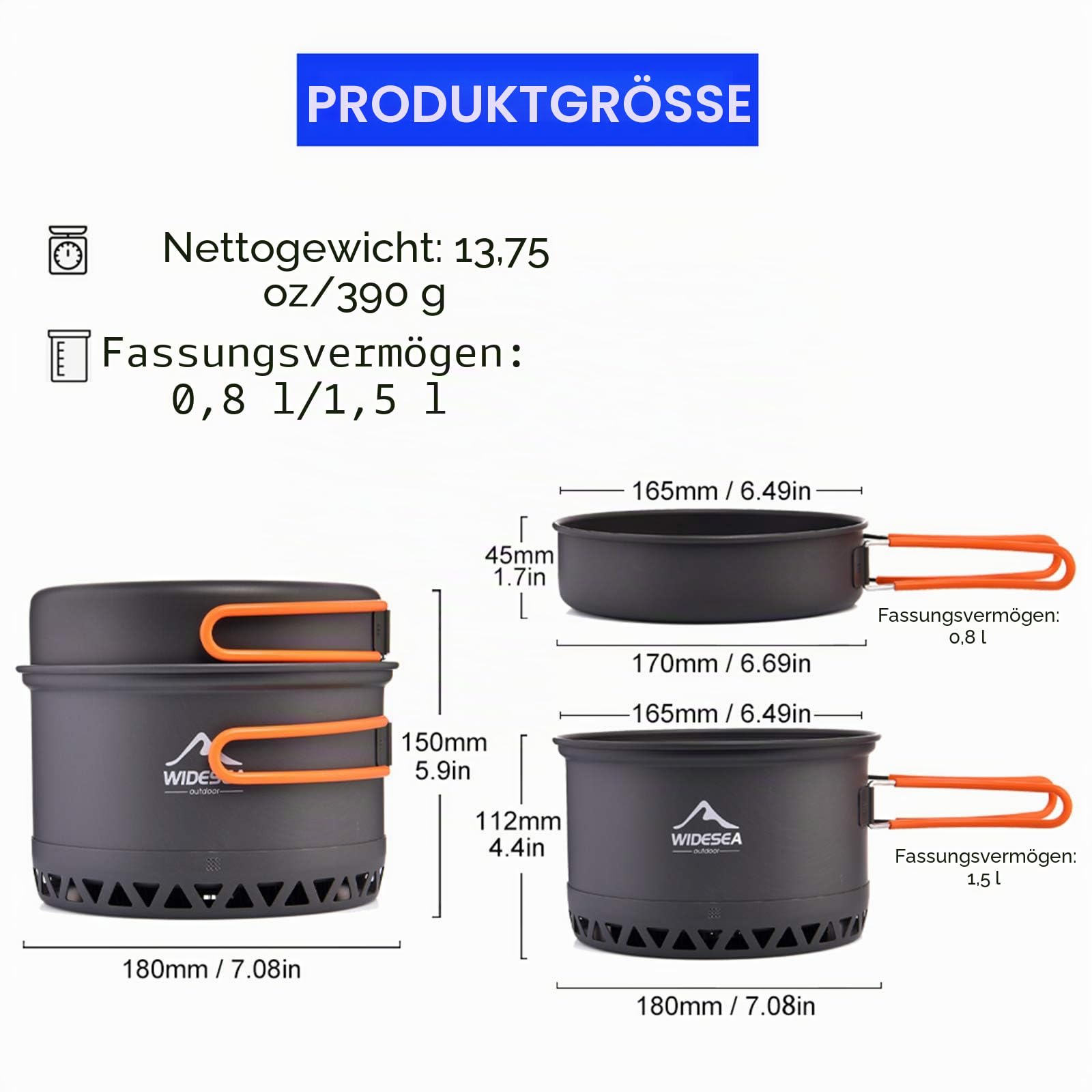 widesea Camping Kochgeschirr Outdoor Topf Pfanne Kochgeräte Wärme-Design für Wandern