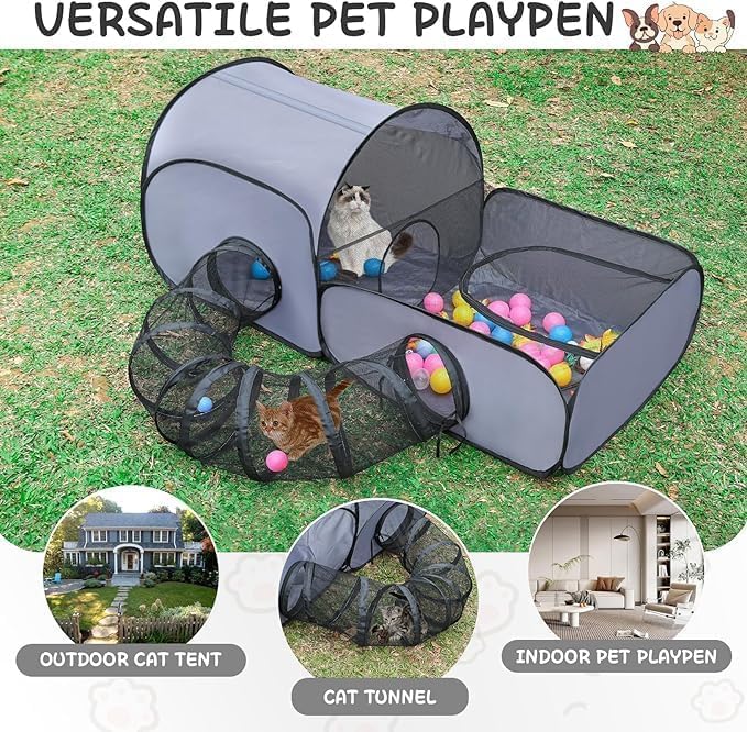 Portable Pet Playpen with Tunnel - Foldable Cat/Kitten Enclosure Tent, Lightweight Interactive Pet House for Small Animals - Ideal for Home, Camping & Travel (Medium) - Image 4