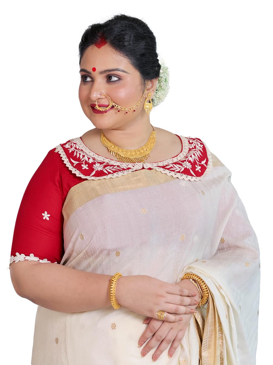 Women's Cotton - Red - Embroidered Collar with Small Floral Motif - Half Sleeve Readymade Designer Blouse-image-20