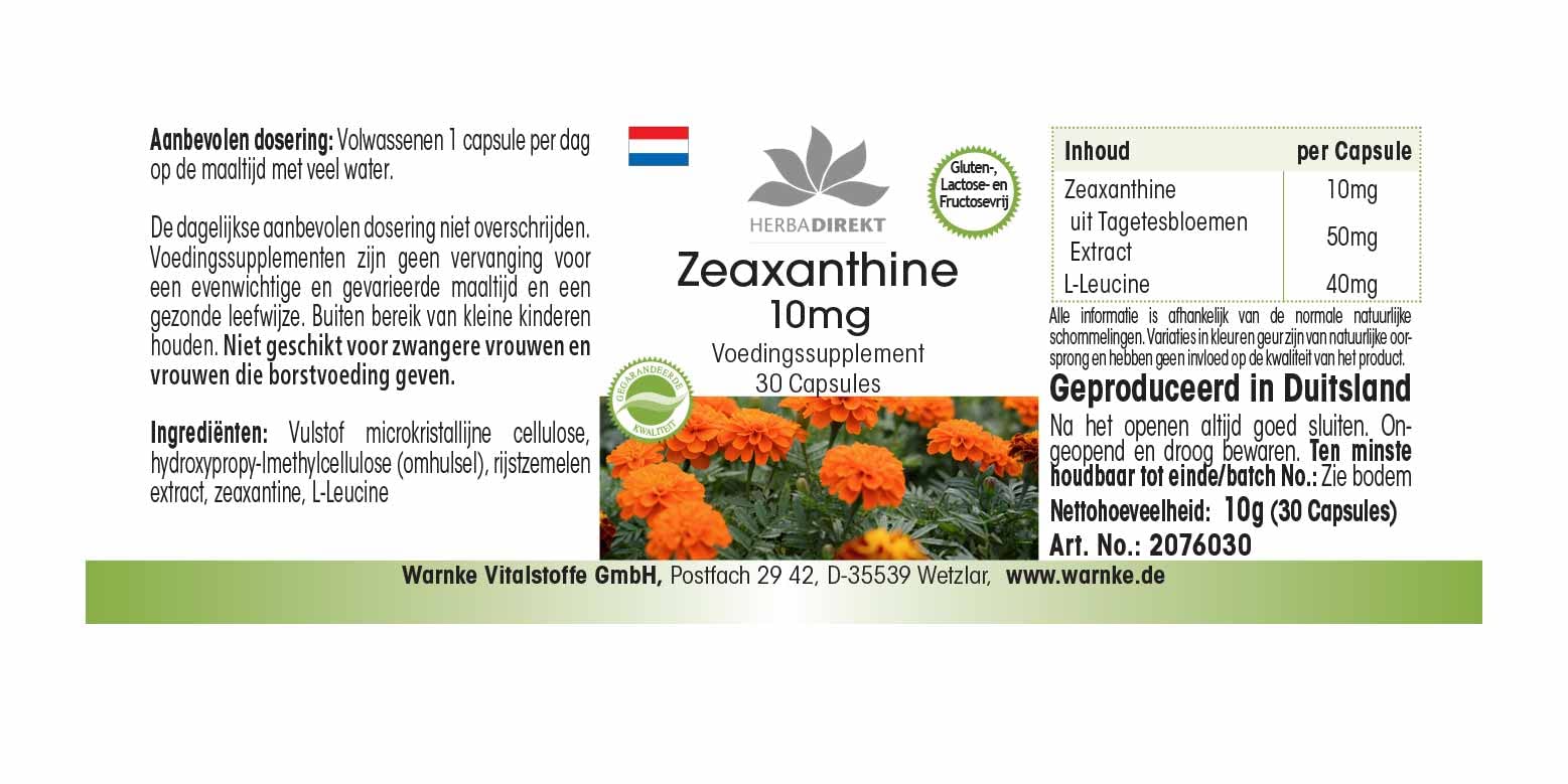 Zeaxantina 10mg - Ottenuto da 50mg d’estratto dai fiori di calendula - 30 capsule - Vegan | HERBADIREKT by Warnke Vitalstoffe - Qualità da farmacia tedesca