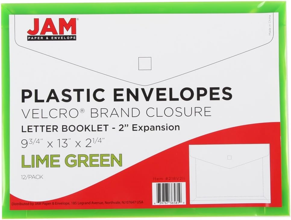 JAM Paper Plastic Envelopes with Hook & Loop Closure, 9.75 x 13 with 1 Inch Expansion, Lime Green, 12/Pack (218V1LI)
