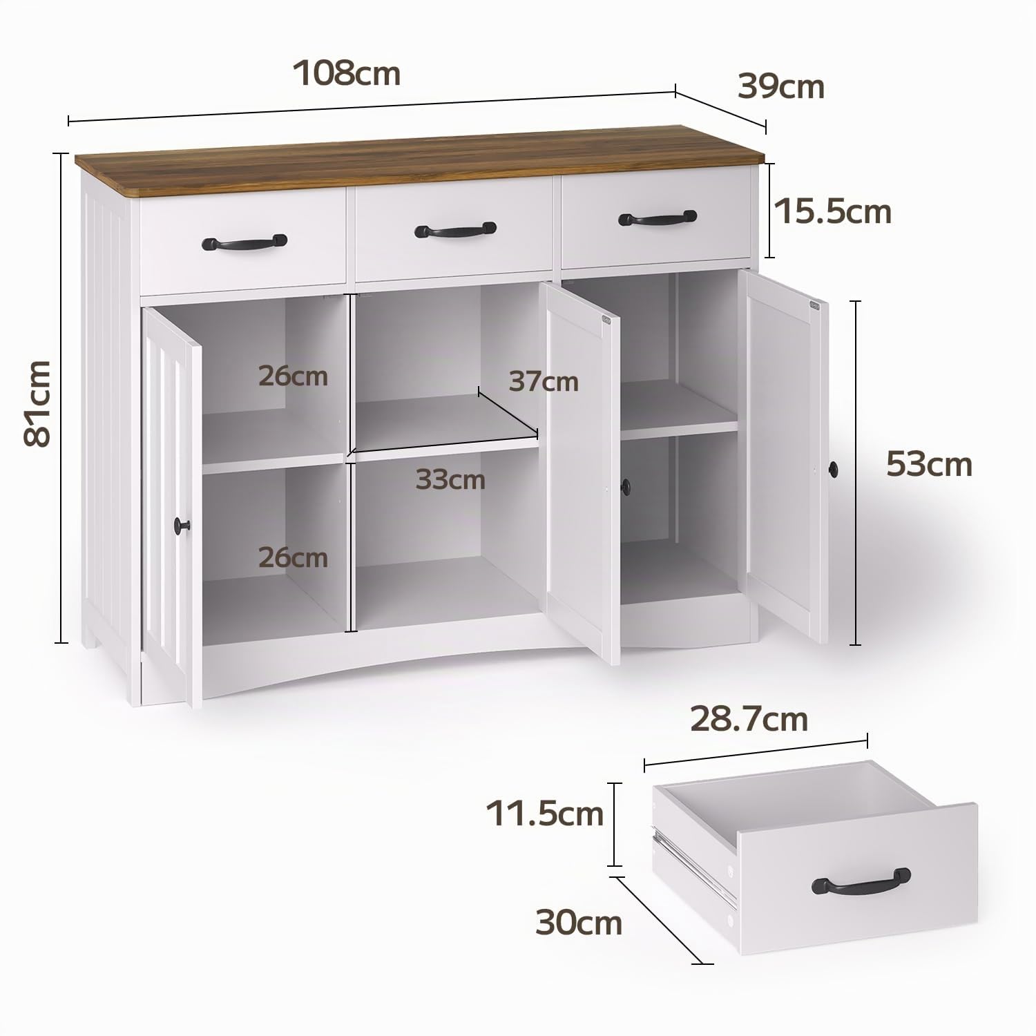 Sideboard, Buffetschrank mit Arbeitsplatte, Aufbewahrungsschrank mit 3 Schubladen und 3 Türen, für Esszimmer, Wohnzimmer, Flur, 108x39x81 cm, Retro