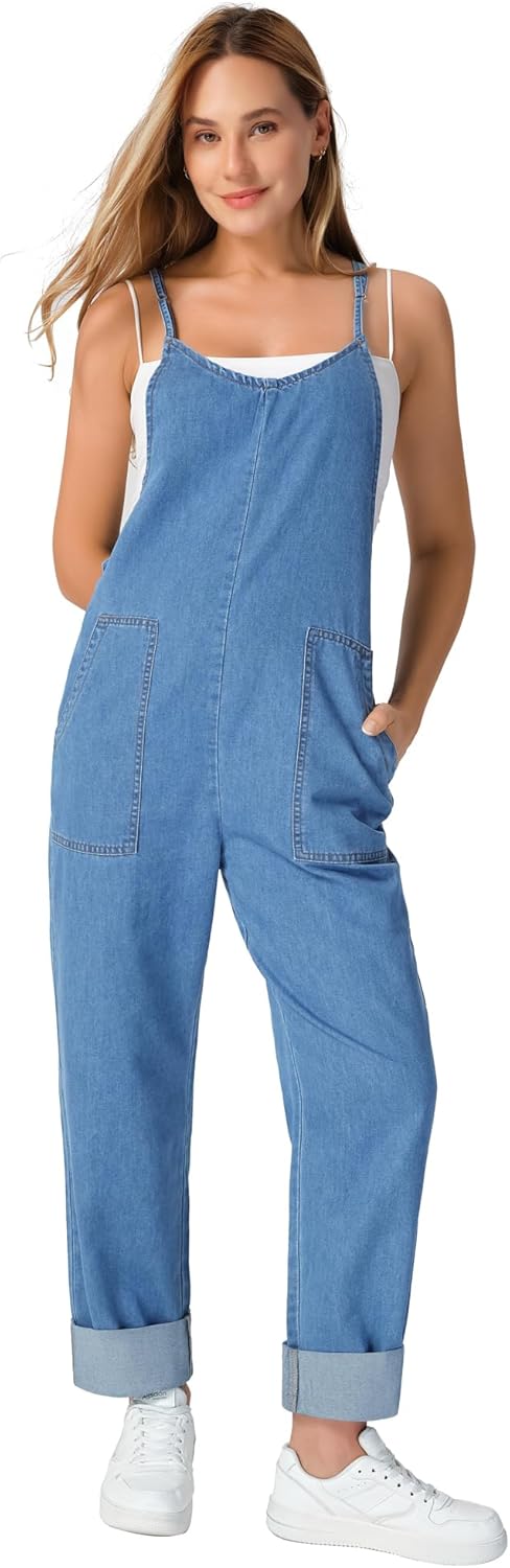 roswear Women's Denim Overalls Thin Sleeveless Jumpsuits with Adjustable Strap Cuffed Hem