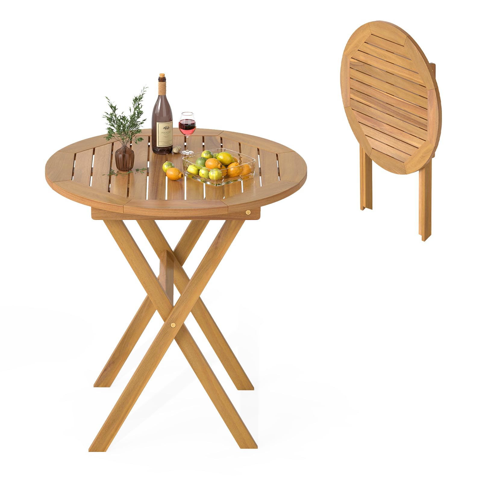 GOPLUS Table Pliante Exterieur Bois d'Acacia Ronde Balcon Pliable Plateau à Lattes 80 kg 67 x 69,5 cm